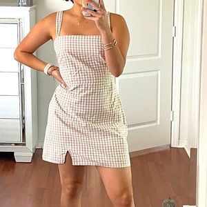 Brown and white gingham dress.